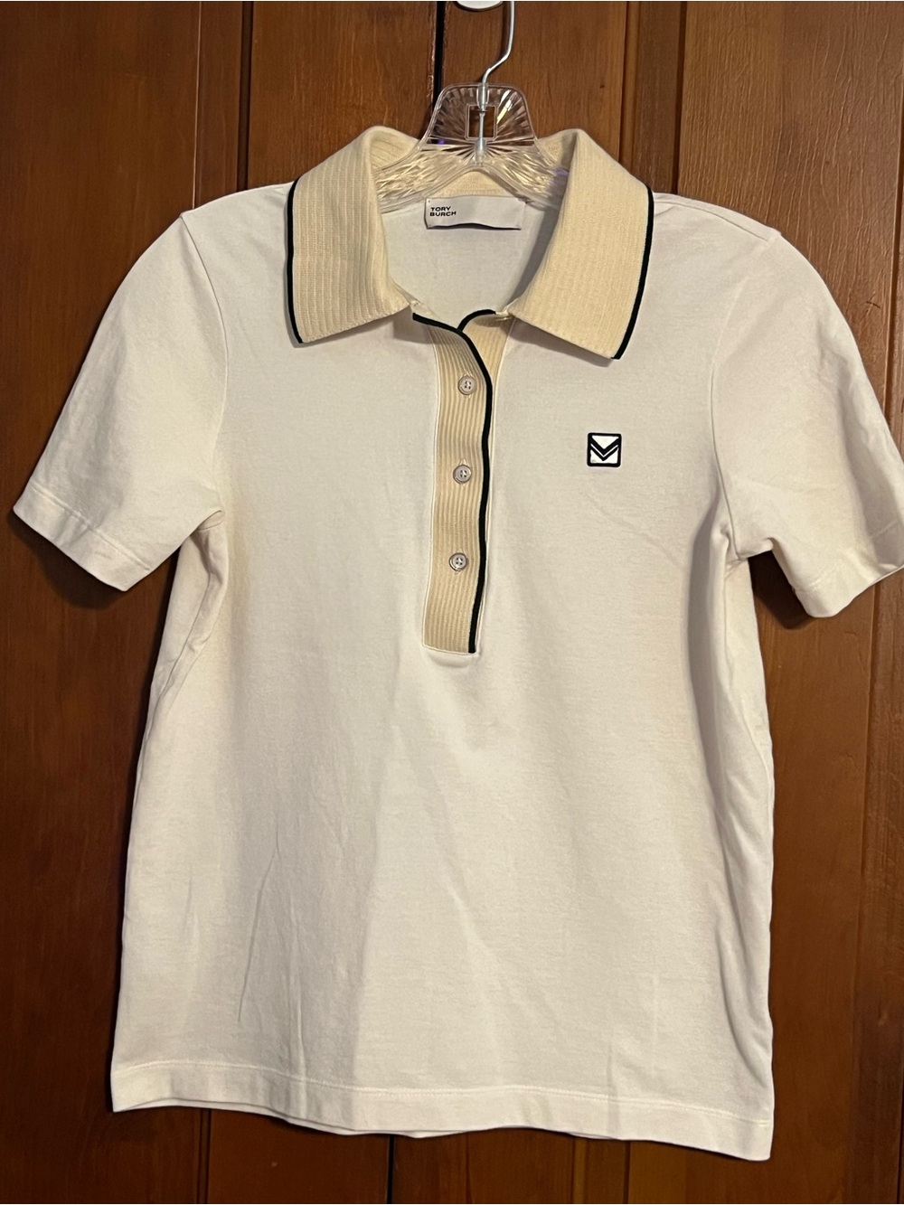 Tory Burch Polo Golf Sport Shirt Short Sleeve 3/4 Buttons Cream Size Small
